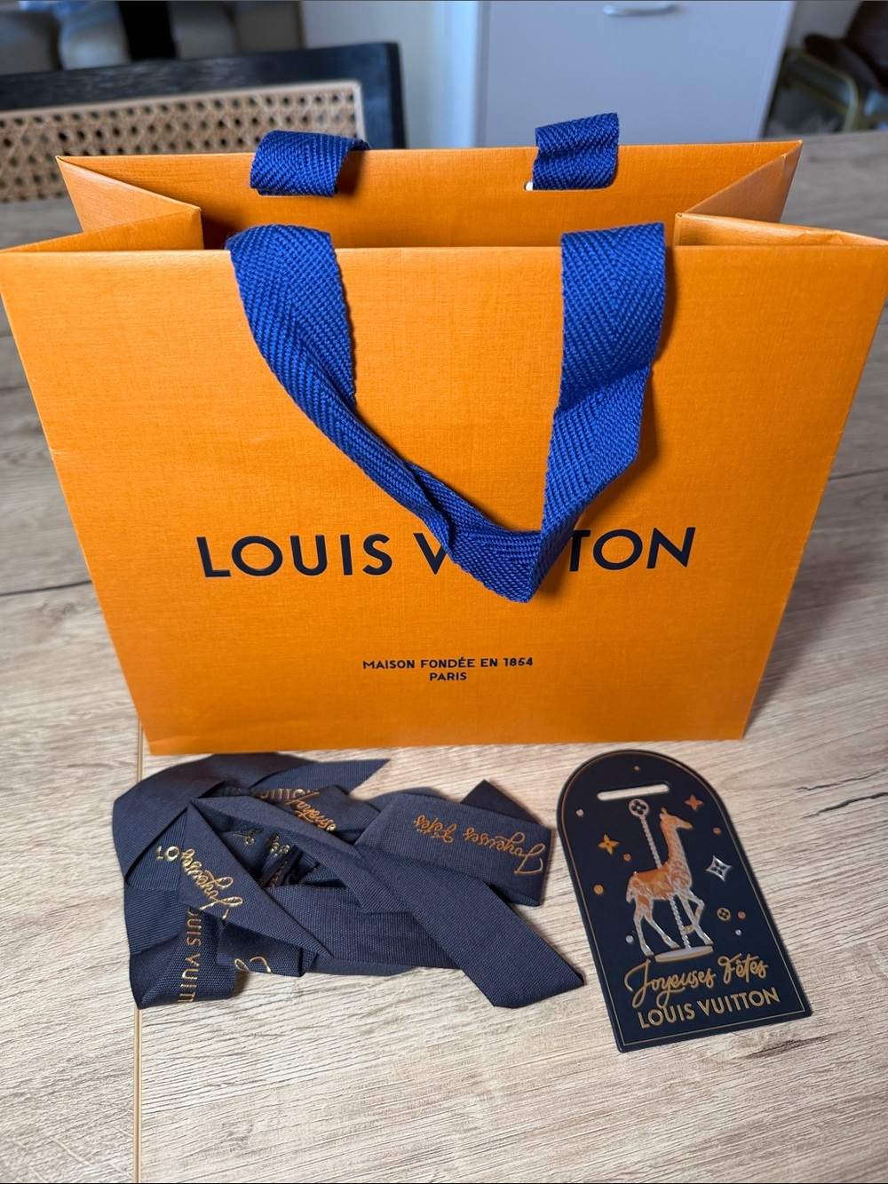 Louis Vuitton Orange Gift Bag with Blue Ribbon Handles
